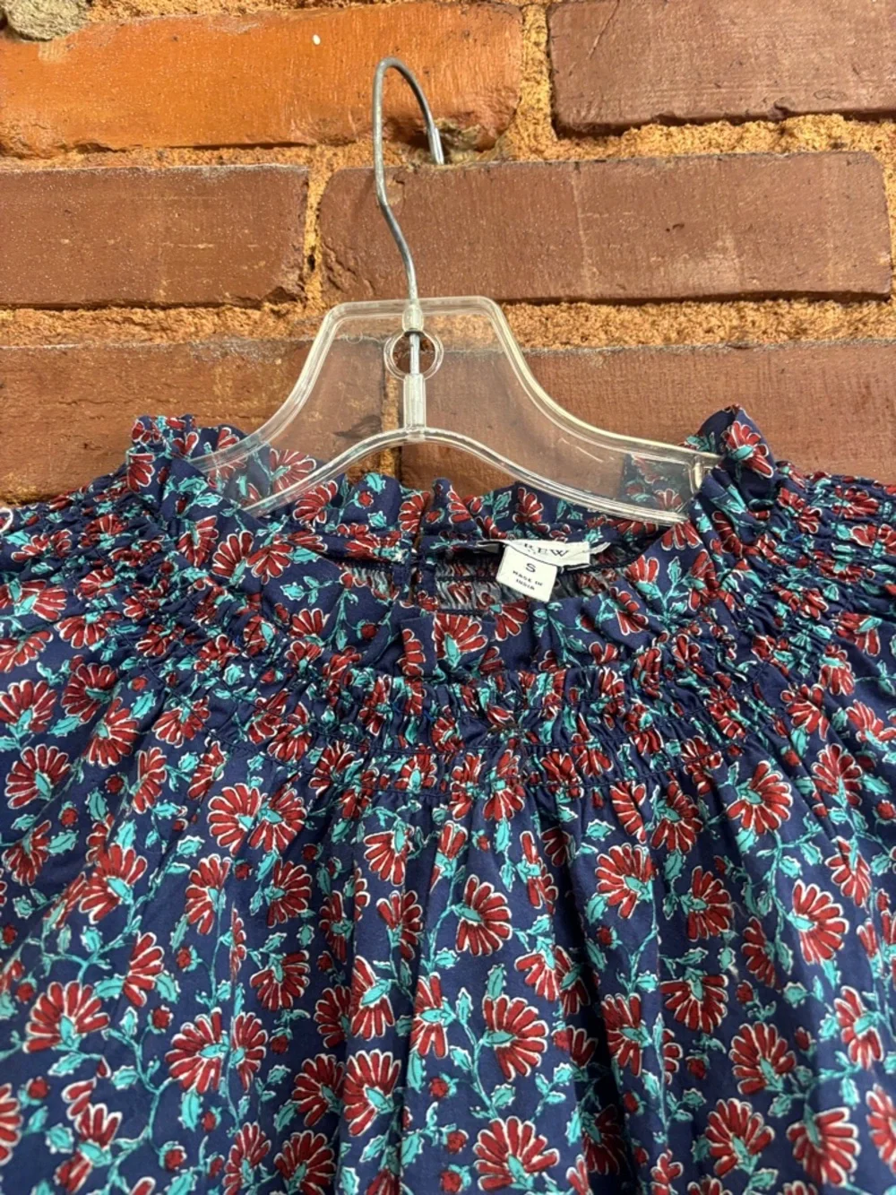J Crew Smocked Neck Floral Peasant Blouse - Navy with Red & Teal Flowers Sz‎ S - Picture 4 of 5
